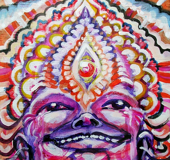 Randal Roberts psychedelische Kunst – Gemälde im Detail mit ornamentaler Symbolik