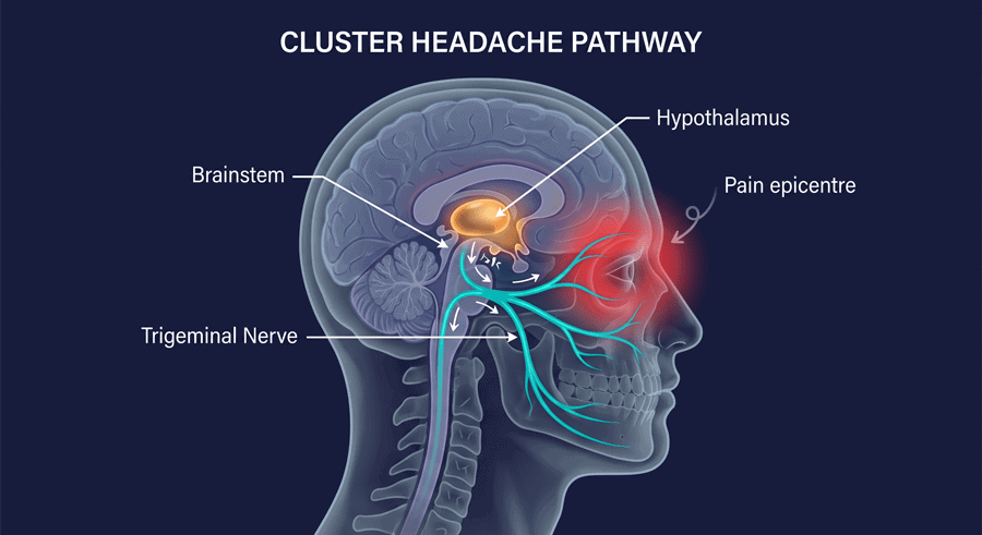 Psilocybin bei Clusterkopfschmerz: Illustration der Anatomie von Trigeminusnerv und Hypothalamus