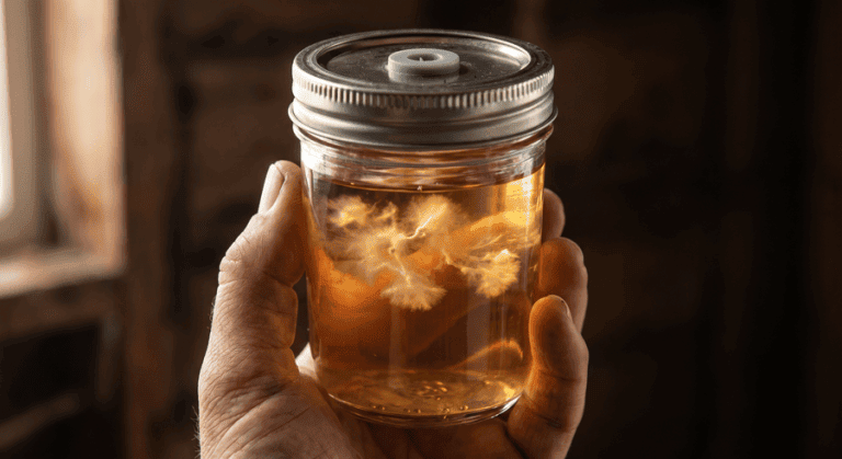 culture liquide champignons magiques : inoculation d'un bocal de grains avec une seringue