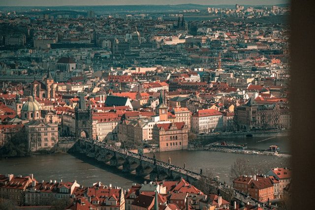 An aerial view of Prague, where most trained psilocybin therapists and NUDZ are based.