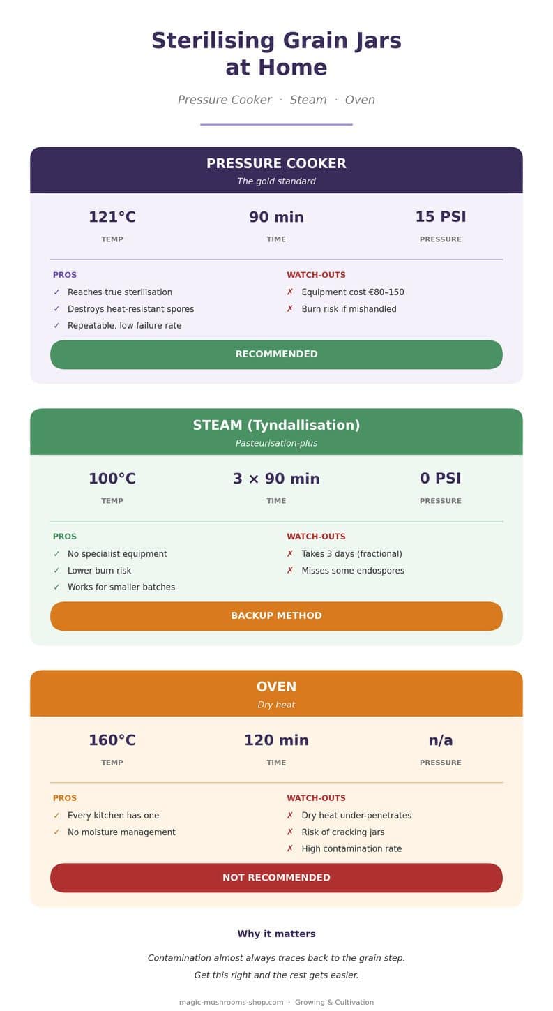Sterilising grain jars infographic comparing pressure cooker, atmospheric steam and oven methods